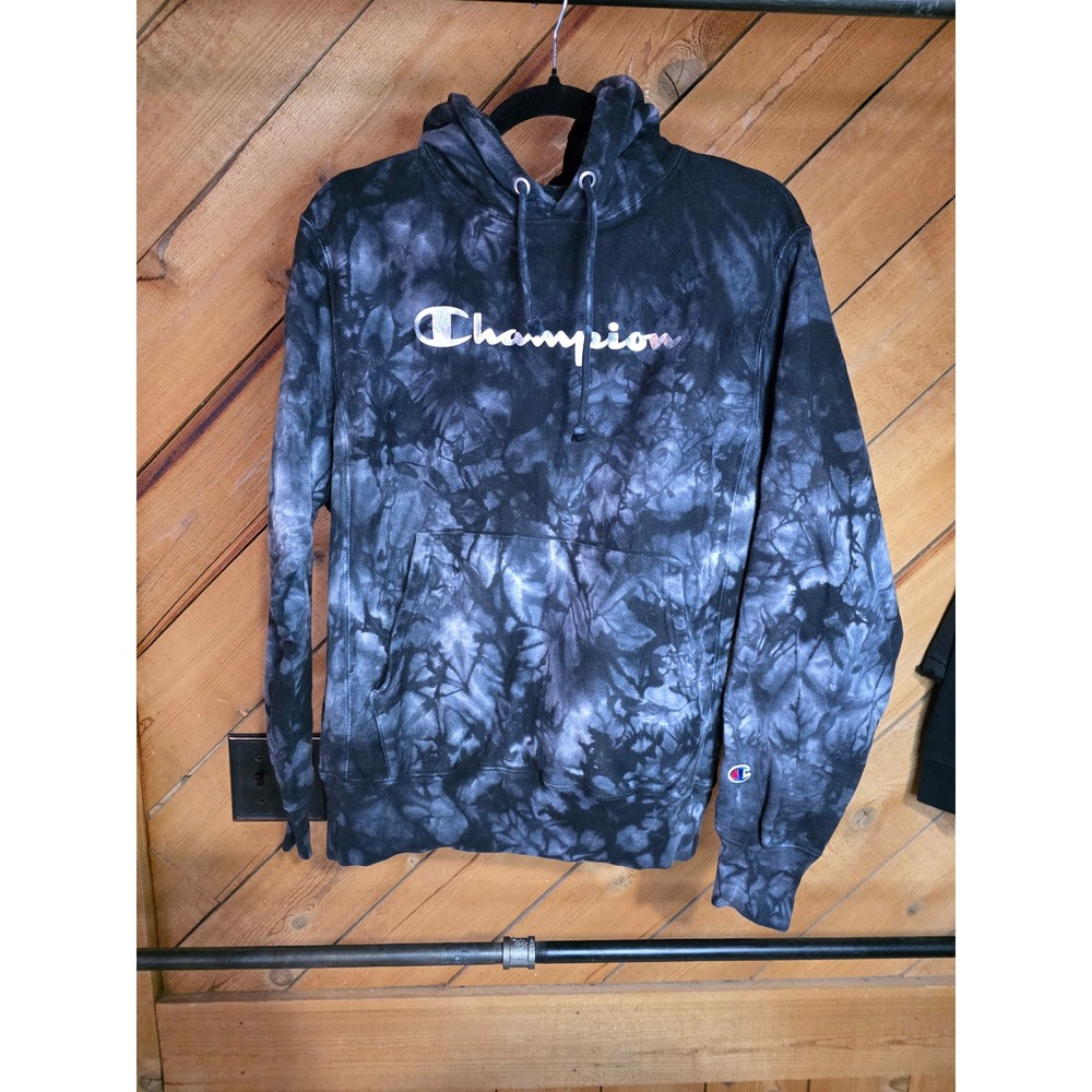Champion Reverse Weave Hoodie Black Grey Tie Dye Silver Glitter Script Logo Mens